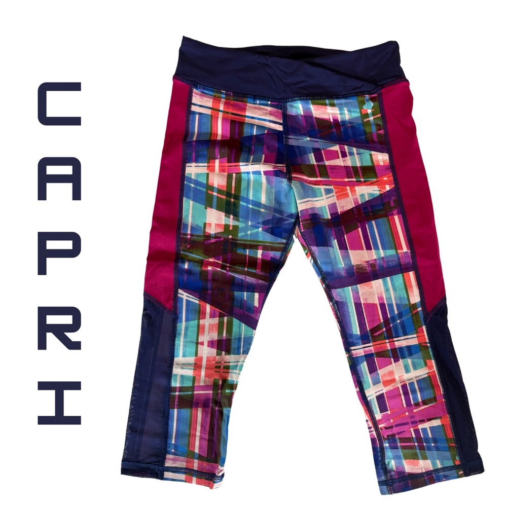 Gianni Bini Sz M Colorful Plaid Style Capri Leggings Mesh Pink Navy Activewear